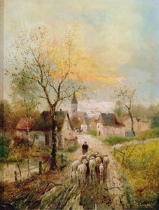 A Shepherdess Leads Her Flock into the Village by Lothar Michael Burger